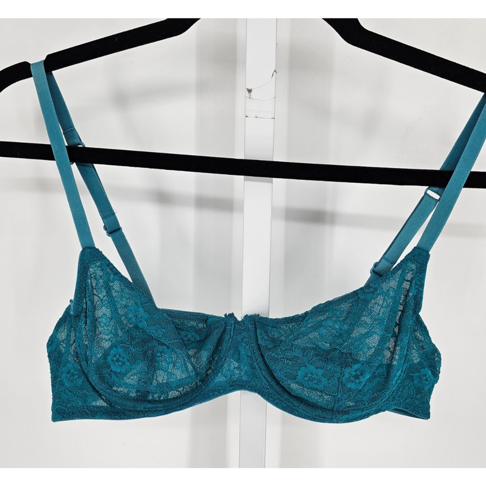 Vintage Y2K Flirtitude Womens Sz 36A Balconette Bra Teal Blue Lace